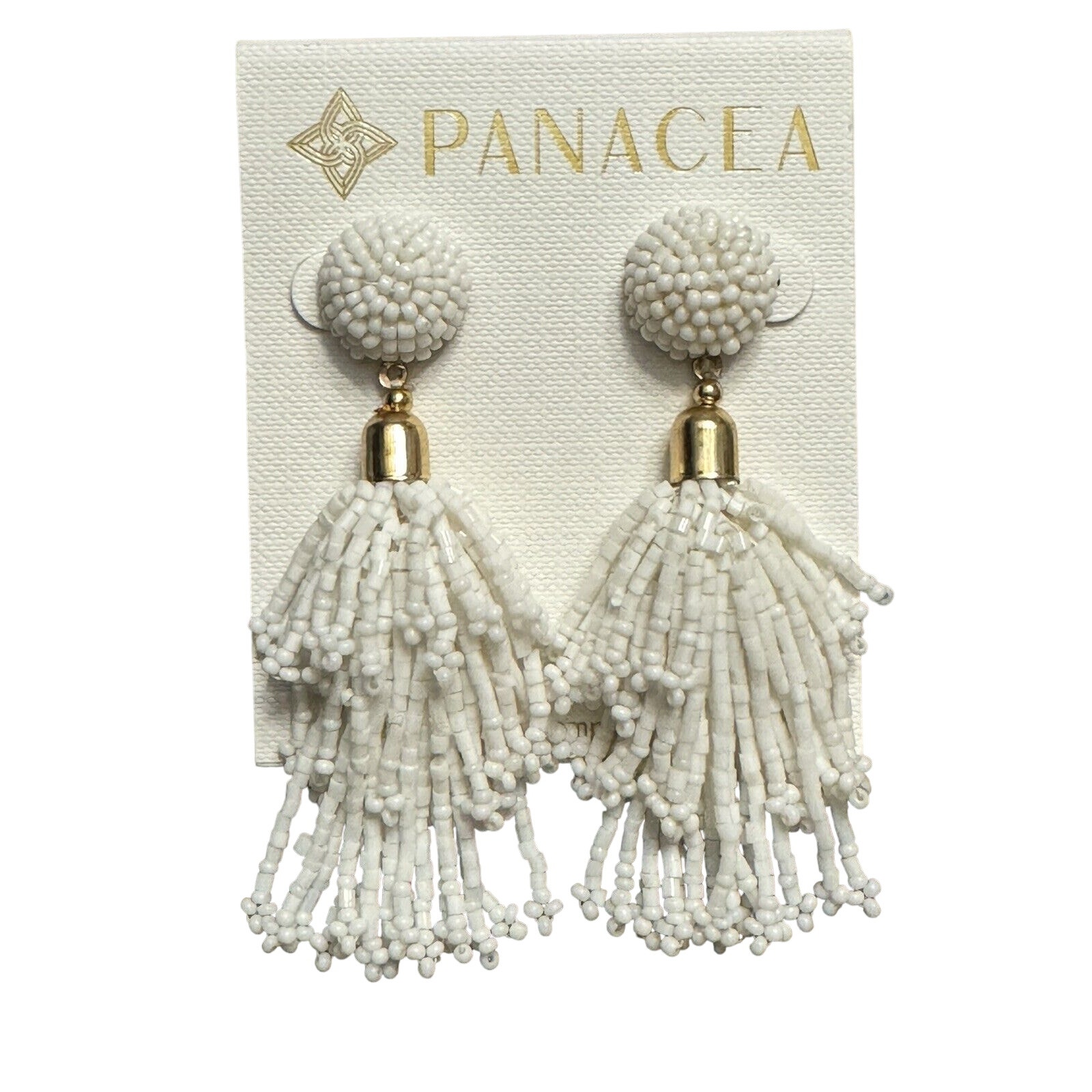 Panacea White Beaded Tassel Earrings New 3 Long White Iridescent Glass Beads 15$